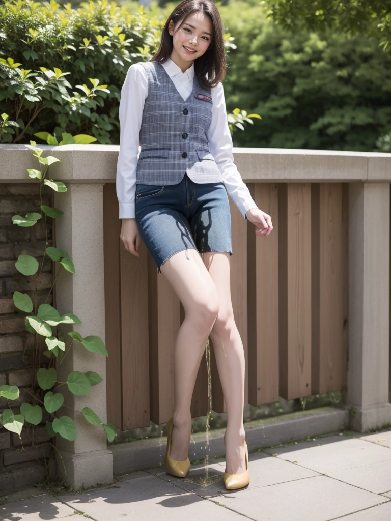 Ulchan-6500-v1.1, (RAW photo:1.2), (Photoreal), (genuine:1.4), 1girl、perfect anatomy、48 years old、look at the camera、medium long hair、Plaid vest、((walk in the park:1.1))、(super realistic pantyhose:1.2), (high heels)、(business services)、((full body shot:1.2))、(very affectionate smile:1.2)、peeing self, wetting her clothes, can't hold her pee face, wetting herself desperate, pee desperation pose, her body can't hold her pee and wets herself ultra desperate in the middle of the cicty in absolute desperaton wetting herself, pee runing down her legs, standing up, hyper pee desperate face, big pee pudle