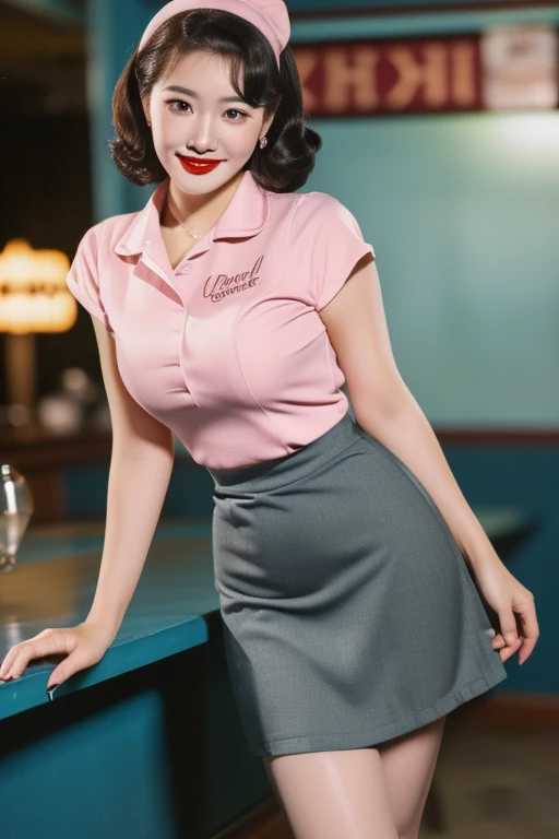 Seoul, 1952, 1 korean girl, (best quality,4k,8k,high res,masterpiece:1.2),ultra-detailed,(realistic, photorealistic,photo-realistic:1.37), ((best quality)), ((masterpiece)), (detailed), a waitress from the 1950s in a sexy short tight uniform, ((whole-body)), 1950s make-up and hair, ((crowded 1950s diner)), big breasts, strikingly beautiful, delicate facial features, porcelain skin, expressive eyes, black hair, red lips, erotic pose, ((classic 1950s curvy hour-glass pin-up girl figure)), ((classic Korean facial features with long eyelashes)), cheesecake smile with cute dimples, ((blushed-pink cheeks)), ((ultra-mini skirt showing long shapely legs)), Bobbi-socks, well-drawn perfect eyes, ((well-drawn hands)), perfect teeth, ((well-drawn anatomy)), very Kitch looking,
