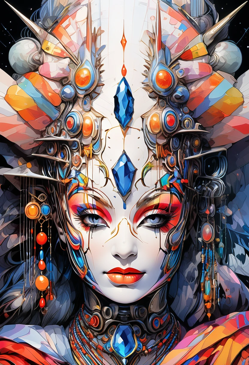 a close up of a colorful ral-elctryzt mask on a black background,Digital Art,by Marie Bashkirtseff,Highly detailed goddess shot,carnival on the background,Detailed face,colorful adornments,Detailed digital 3D art,女性のDetailed face,colorful,symetrical Detailed face,colorful picture ral-elctryzt,