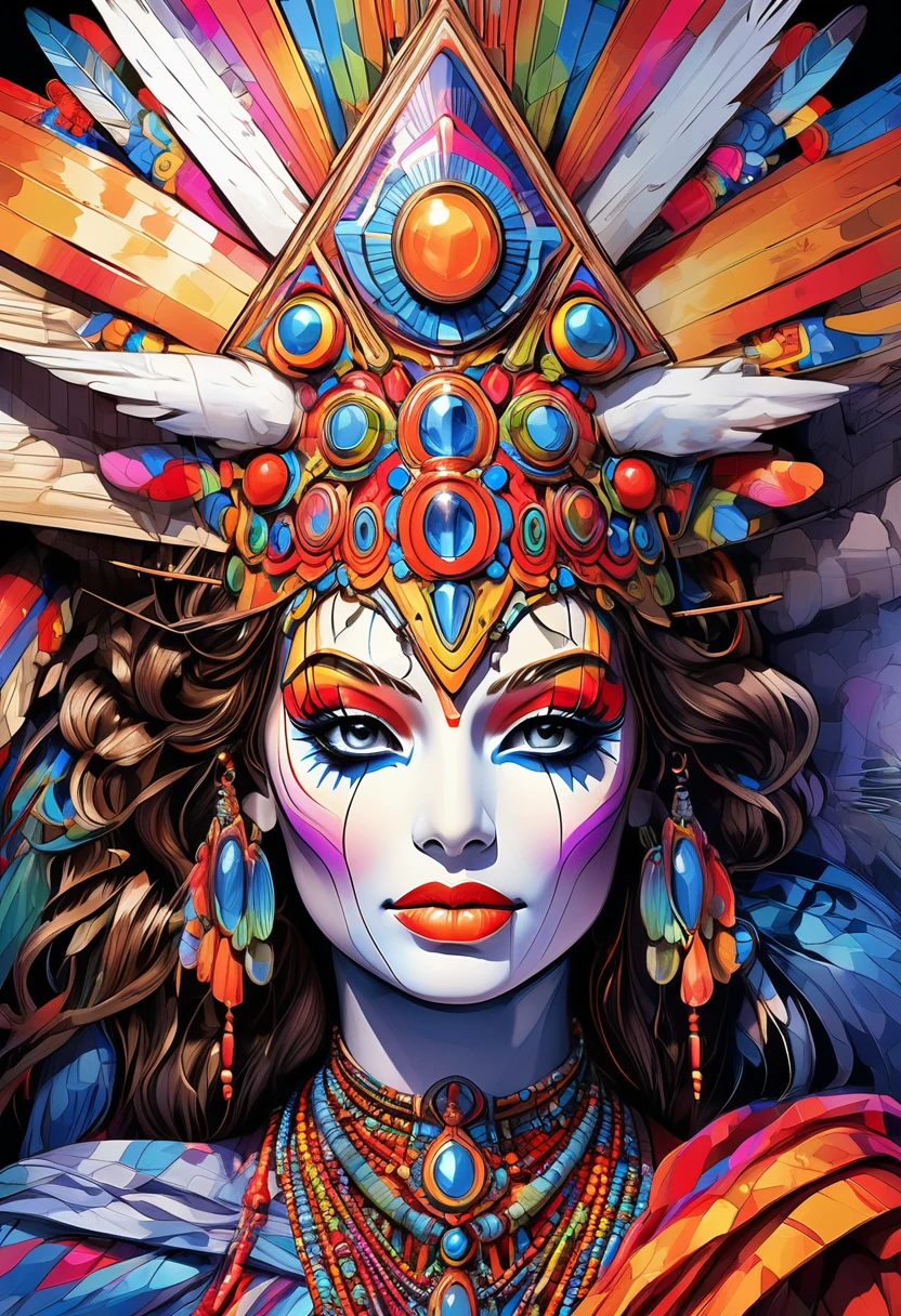 a close up of a colorful ral-elctryzt mask on a black background,Digital Art,by Marie Bashkirtseff,Highly detailed goddess shot,carnival on the background,Detailed face,colorful adornments,Detailed digital 3D art,女性のDetailed face,colorful,symetrical Detailed face,colorful picture ral-elctryzt,