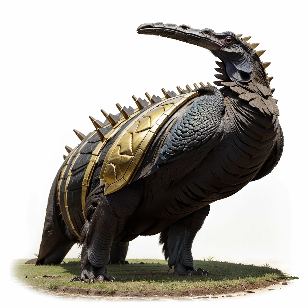 Big Animaly, has grees stripes on his skin, golden eyes, cassowary mixed with stegosaurus, Grassroots, no background