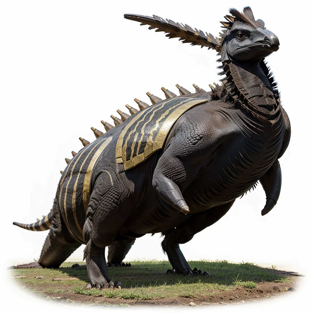 Big Animaly, has grees stripes on his skin, golden eyes, cassowary mixed with stegosaurus, Grassroots, no background