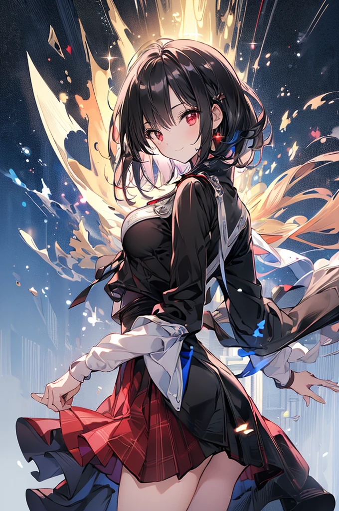 (masterpiece, highest quality, highest quality, (No text), Beautiful and aesthetic:1.2),No text,アニメ、 high resolution　BREAK,One Girl，Short black hair　Beautiful eyes　Red eyes　Beautiful girl　cool　smile　Black Coat　mini skirt　profile　Night view　Detailed eyes and face