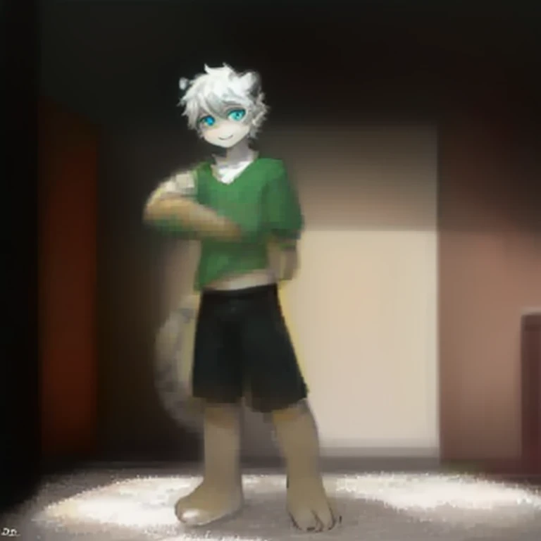 teenager, Short white hair, ear, Lower Body, bedroom，Standing on the ground，hairy, White hair everywhere, White hair everywhere, White Tiger, Tiger Tail, masterpiece, High quality portrait, Humanoid,  youth style, posture, panoramic, White Tiger型, Green short sleeves, Black shorts, super Handsome face, Handsome, Tiger Youth, blue eyes, White Tiger, white ear,  barefoot
