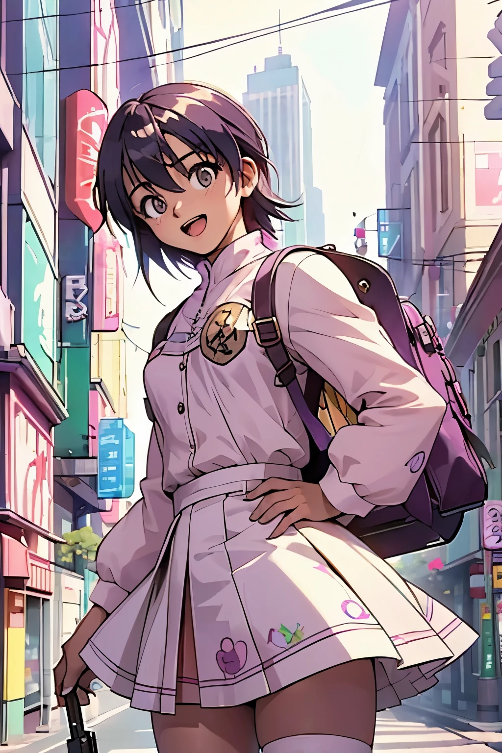 masterpiece, Highest quality, One High School Girl 10.0,Very detailed,Rin々Nice face,Open Mouth Smile,Black eyes,Legs visible through a short skirt,Natural Beauty,Cinematic,Medium chest,Walking in the downtown area,Carrying a backpack,Showing from the knees 10.0,Pink, white and purple uniforms,Medium Hair,