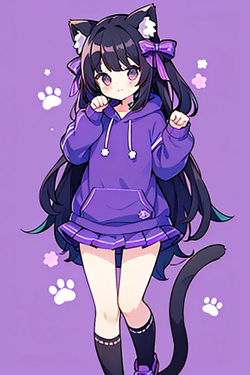Black cat girl, purple, cute, wearing a purple cat hoodie, wearing a purple shortskirt, wearing white cat socks, purple paw shoes, cheerfull, whiskers, meow pose, white cat on top of the head, purple bows, purple flower, cute purple background, long black hair, big purple bow on the tail, hair down, purple pants, standing