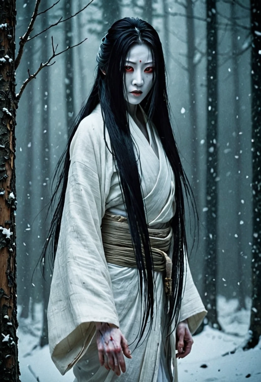 Create a realistic and haunting image of Yuki-onna, the snow woman from Japanese folklore. She should appear as a beautiful yet terrifying figure with long, flowing black hair and a pale, almost translucent complexion. Her eyes should be cold and piercing, giving off an eerie glow. Dress her in a tattered, ancient white kimono, slightly covered in frost. The background should be a dark, snowy forest with tall, shadowy pine trees and a thick blanket of snow. Snowflakes should be falling around her, adding to the chilling atmosphere. The overall scene should evoke a sense of dread and supernatural menace.
