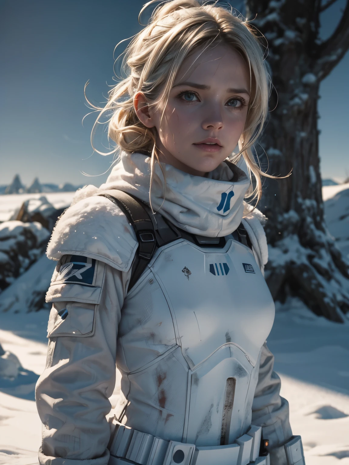 Helen Skelton, Star Wars, close-up action shot from ground level, naked Imperial Snow trooper on Hoth, naked, swearing, sweating, damp hair, bloodied, on a bloody battlefield, snow, explosion, fires