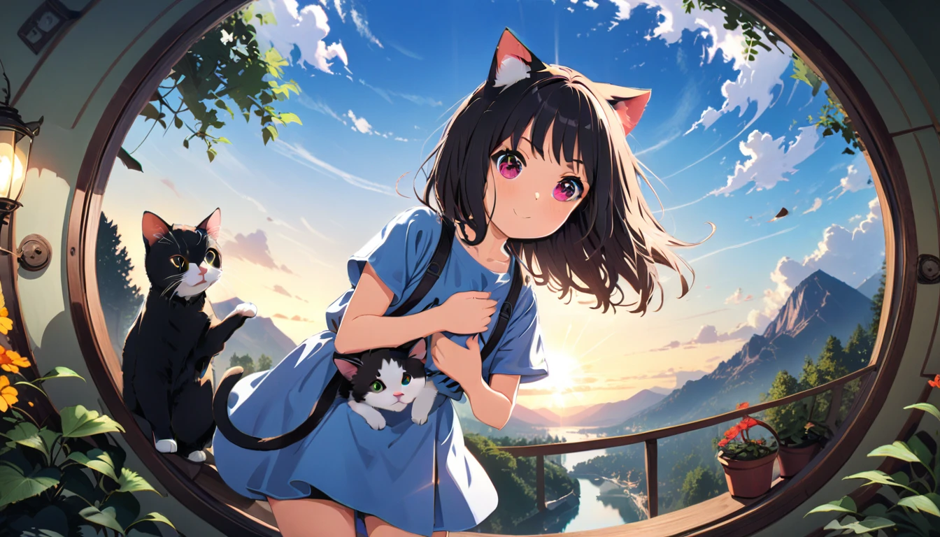 girl with a cat on a panoramic wide background, Cute, Kittens, play, USA, anime style background, youthful energy, Солнечный лучик filtering through the trees, warm and inviting, cheerful, peaceful, amazing, a magical moment [art:1.1], Striking illustration, A high resolution, bright colors, studio lighting, exquisite details, Photorealistic, charming, touching, Live composition, master strokes, breathtaking, charming, girl with a cat on a panoramic background in anime style, very high detail, super quality