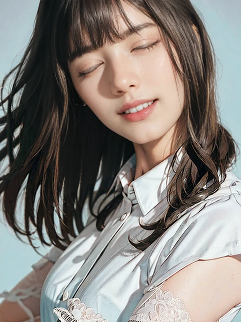 raw photo, 1girl, medium breast, collared blouse, White blouse、light smile, detailed skin, pore, simple background, anatomically correct、Upper body、White blouse、, photorealistic, masterpiece, best quality, UHD