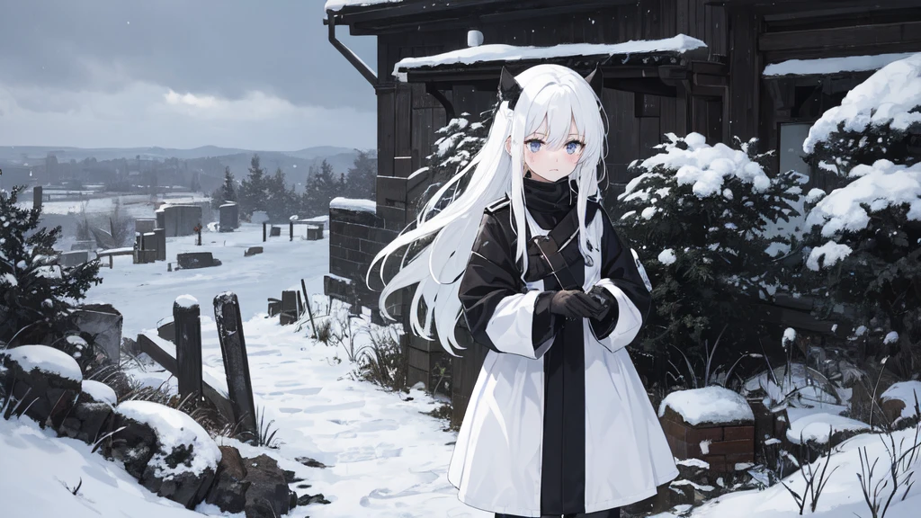 masterpiece:1.2), best quality , 独奏 ,pixiv, anime girl ，long straight white hair , black eyes ,Wearing off-white camouflage uniform ,ten years old，modern battlefield，(Eyes looking into the distance:1.3)，(look away:1.5)，snowy weather，dirty face，The girl looked sadly at the tombstone and shed tears，holding flowers in hands