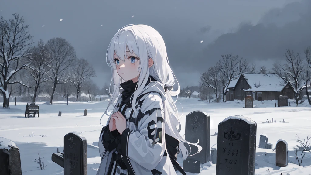 masterpiece:1.2), best quality , 独奏 ,pixiv, anime girl ，long straight white hair , black eyes ,Wearing off-white camouflage uniform ,，modern battlefield，(Eyes looking into the distance:1.3)，(look away:1.5)，snowy weather，dirty face，The girl looked sadly at the tombstone and shed tears，holding flowers in hands