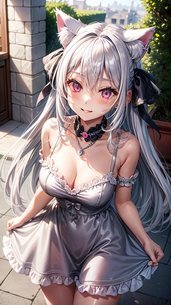 Silver hair, pink eyes, body, cat ears, sexy girl, earrings, sun background, hair bows, mitsuri, dress, bells necklace, pet cats, animals, happy face