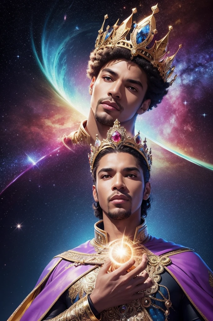 Create an image of Ednaldo Pereira as the "King of the Universe". He is dressed in a dazzling royal attire, full of cosmic details, and wears a glittering crown with gems representing planets and stars. The background of the image shows a vibrant and colorful galaxy, com planetas, stars and nebulas around him. He's in a majestic pose, radiating confidence and power, with a heavenly glow around you.