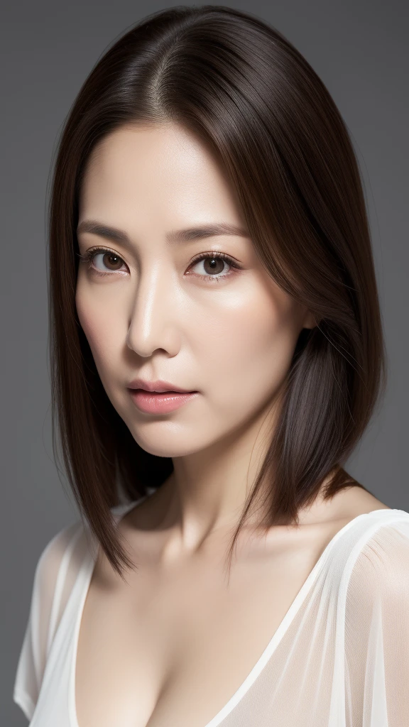 Ultra-high resolution, masterpiece, Rough skin, Very detailed, Photorealistic, Professional Lighting, Written boundary depth, sharp, (Gray background), (Front view：1.2),(Japanese Mature, 45 year old women are sexy), Detailed face, Beautiful Eyes, bangs, Shapely large breasts, Light brown straight hair, Faint lips, (Catch Eye:1.3),((Stand in front、Looking at the audience, Serious face eyes,)), White blouse, Cleavage, Full body photo, Cowboy Shot,