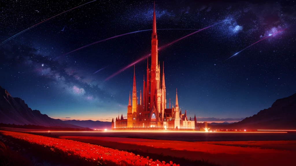landscape with vibrant red crystal formations, exotic flora that lights up in the twilight, and a star-filled sky of unfamiliar constellations.