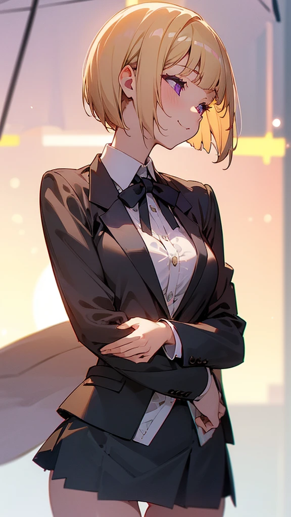 1 Girl、8K、Sharp focus、(Bokeh) (Highest quality) (Detailed skin:1.3) (Intricate details) (anime)、(blonde)、short hair、Bobcut、Blunt bangs、Beautiful purple eyes、Slender body、White shirt、Black mini skirt、Black Fitted Blazer、profile、Calm face、Mouth closed、Cheeky Smile、Squint your eyes、Park in the background、sunset、Soft lighting.