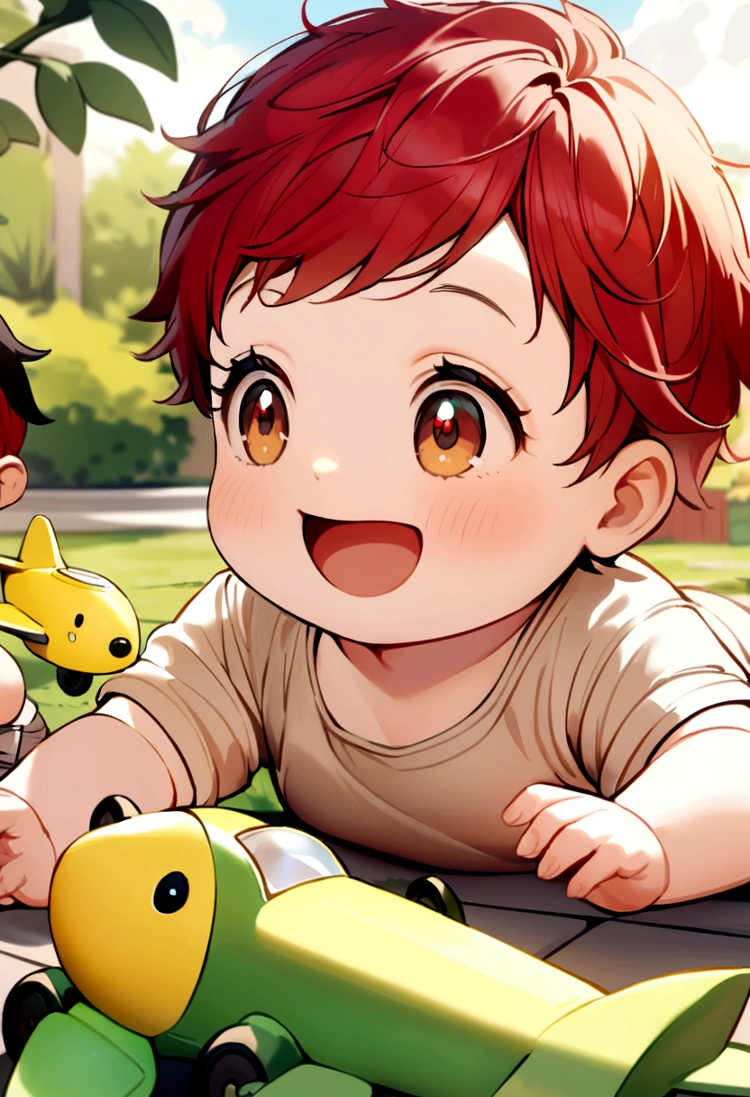 A baby smiling and playing with his brother in a backyard, she with red hair and her brother with black hair playing with a yellow toy plane