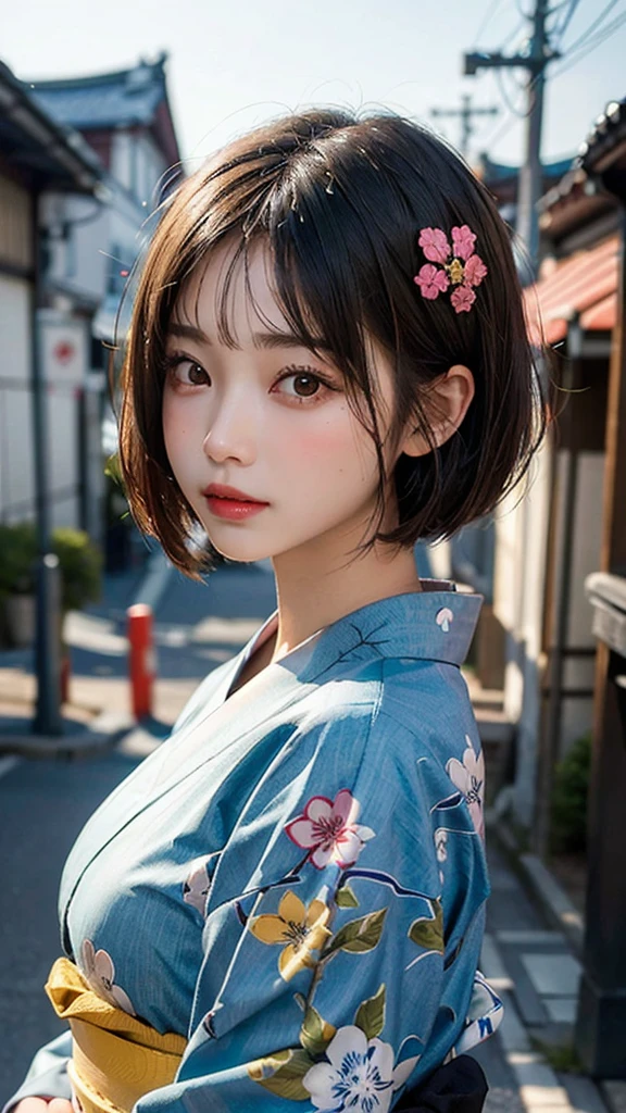 (Highest quality, masterpiece:1.3), shape, ((Beautifully detailed face)), beautifully detailed skin, Intricate details, Very detailed, Best image quality in 8K,(18 year old high school girl:kimono),A Japanese girl,,(Detailed Hair,Bobcut:1.4),Detailed lips,Open your mouth,(The whole body is shown:1.5),blush,Embarrassing,Realistic Face,Realistic Skin,(Vibrant Skin),Vivid lips,Lip gloss,(Kyoto cityscape)
