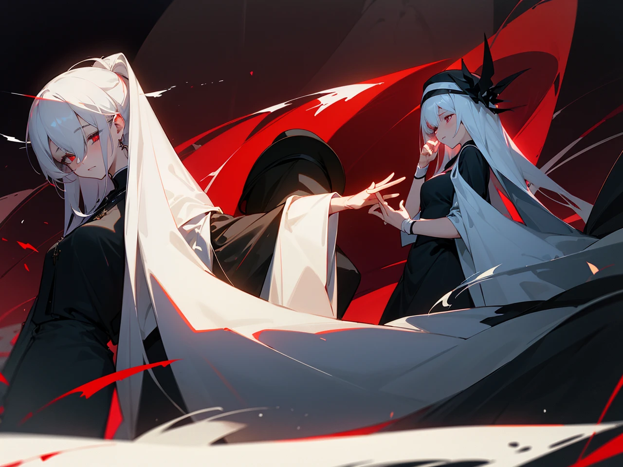 Make an anime poster, has 4 women in it, on the left side a classy dressed beauty with only the colors red and white, has an angelic presence but a demonic personality, she wears a hat on her head and a long mature gown. On the middle, a millitary general with black and white hair, and a blindfold covering her eyes. Behind her in the back, a woman faded in the background, only her eyes red Phoenix can be seen. Finally at the very right side a nun with a blindfold and a church nun fantasy black dress, holding her hands together symbolizing a prayer gesture.