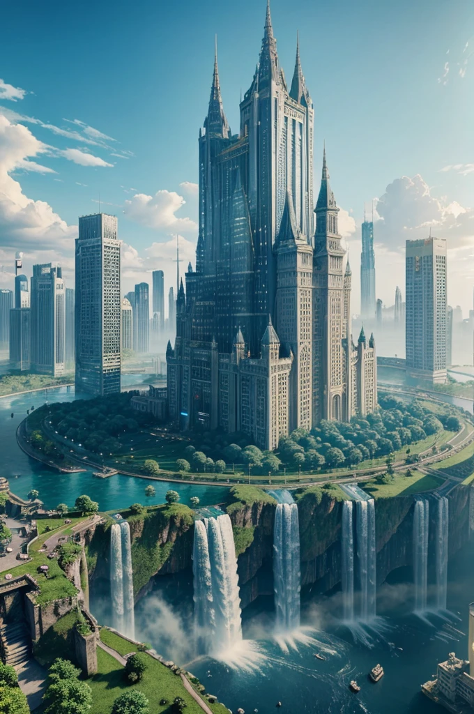 Huge castles and skyscrapers floating in the air Cyberpunk fantasy world Top quality ultra high definition utopia 8K Giant waterfalls nature,future