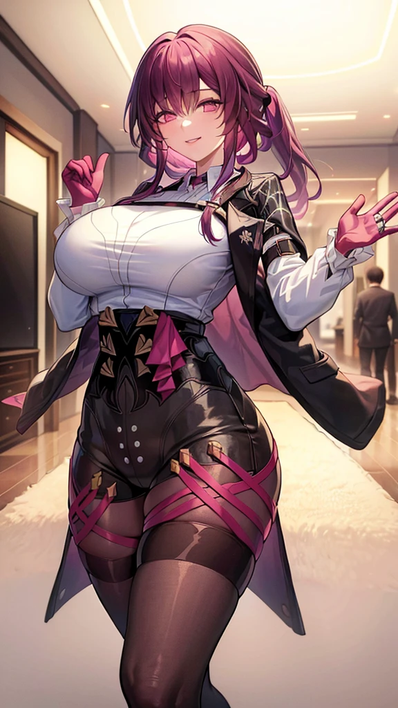 ((masterpiece)),((Highest quality)),High resolution,Extremely detailed CG,Perfect lighting,8k wallpaper, One Girl,Purple Hair,Very long hair、Very large breasts、Very big ass、Very thick legs、Smiling、Shorts、tights、Open the buttons on your shirt