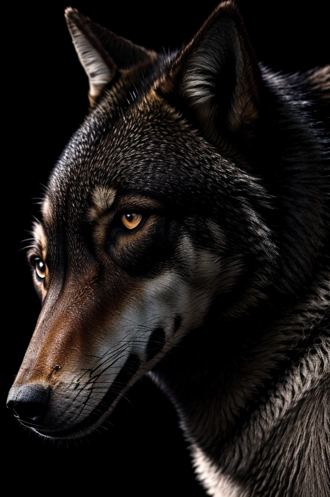 An imposing wolf with a black background 