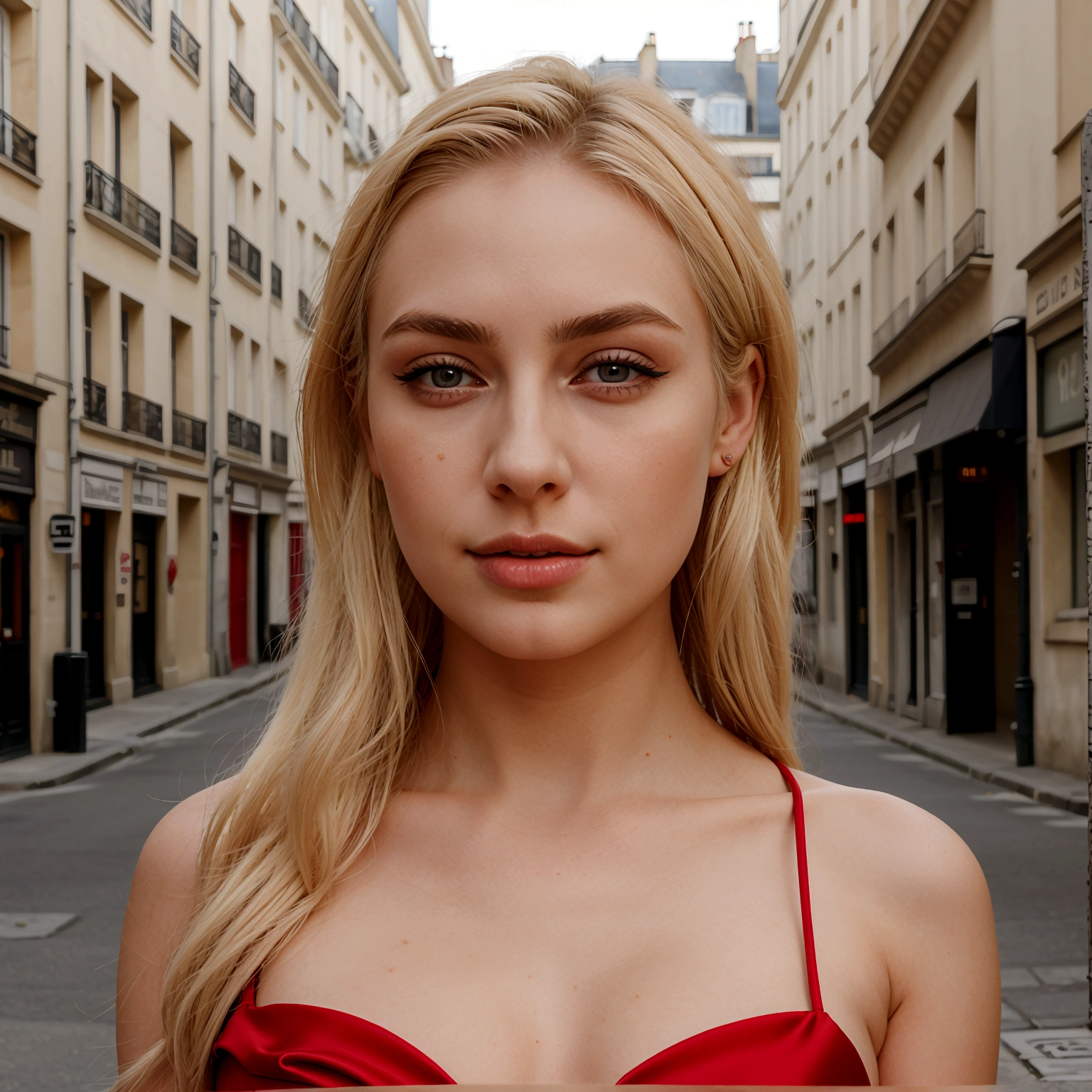 24 year old blonde woman, Longhaire, symmetrical eyebrows with beautiful lips and a slim face ,red dress in a Parisian street