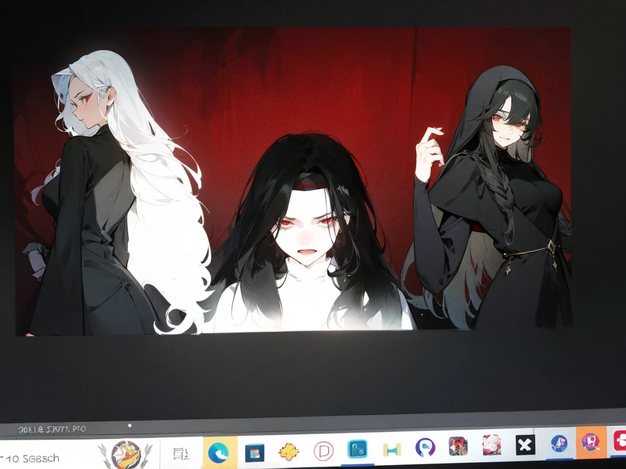 Make an anime poster, has 4 women in it, on the left side a classy dressed beauty with only the colors red and white, has an angelic presence but a demonic personality, she wears a hat on her head and a long mature gown. On the middle, a millitary general with black and white hair, and a blindfold covering her eyes. Behind her in the back, a woman faded in the background, only her eyes red Phoenix can be seen. Finally at the very right side a nun with a blindfold and a church nun fantasy black dress, holding her hands together symbolizing a prayer gesture.