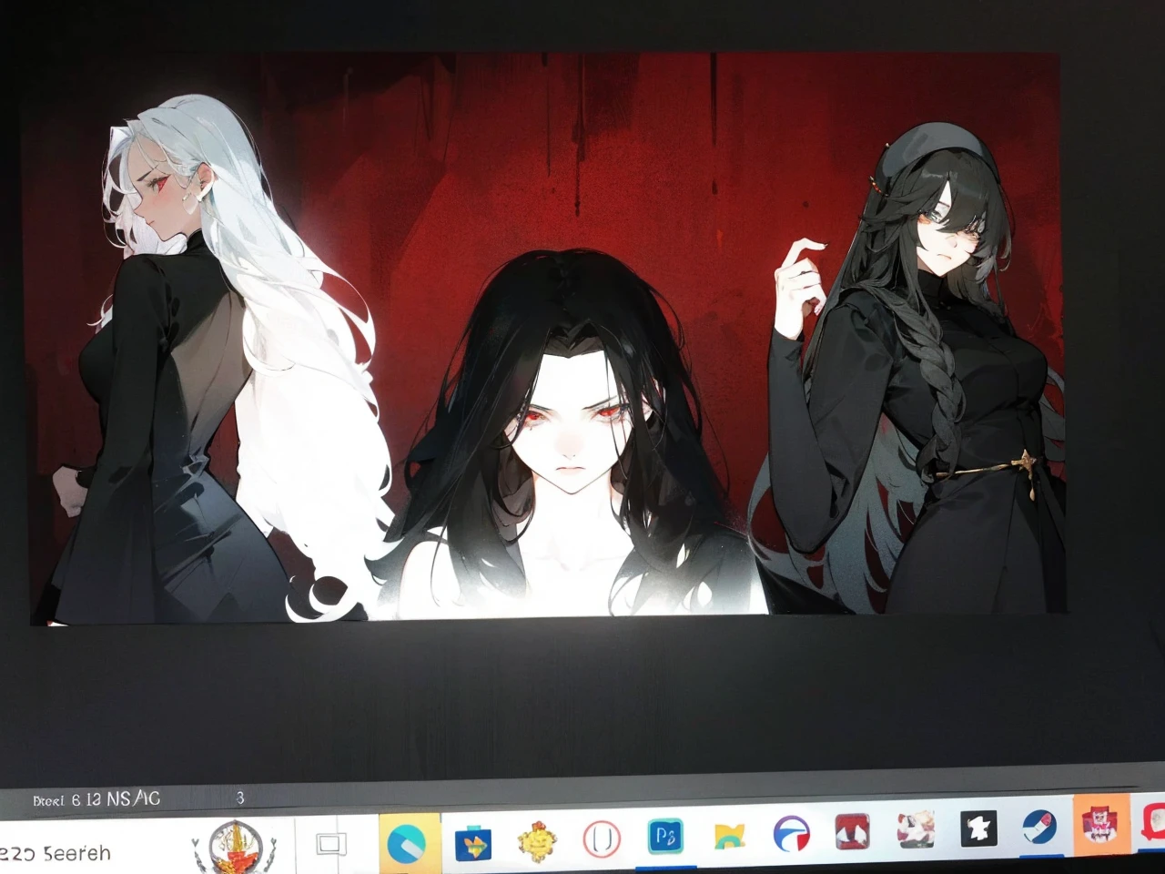 Make an anime poster, has 4 women in it, on the left side a classy dressed beauty with only the colors red and white, has an angelic presence but a demonic personality, she wears a hat on her head and a long mature gown. On the middle, a millitary general with black and white hair, and a blindfold covering her eyes. Behind her in the back, a woman faded in the background, only her eyes red Phoenix can be seen. Finally at the very right side a nun with a blindfold and a church nun fantasy black dress, holding her hands together symbolizing a prayer gesture.