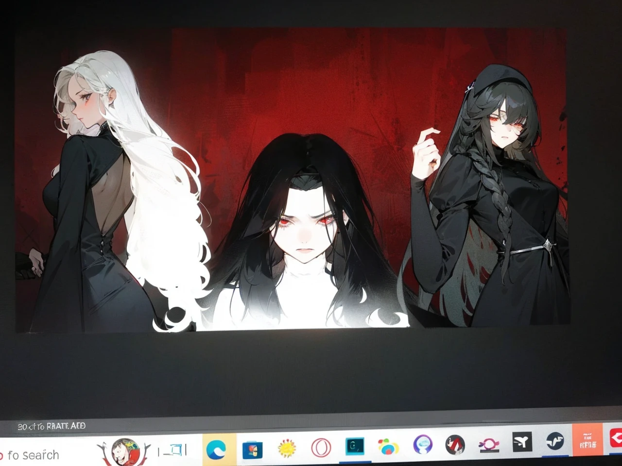 Make an anime poster, has 4 women in it, on the left side a classy dressed beauty with only the colors red and white, has an angelic presence but a demonic personality, she wears a hat on her head and a long gown. On the middle, a millitary general with black and white hair, and a blindfovering her eyes. Behind her in the back, a woman faded in the background, only her eyes red Phoenix can be seen. Finally at the very right side a nun with a blindfold achurch nun fantasy black dress, holding her hands together symbolizing a prayer gesture.