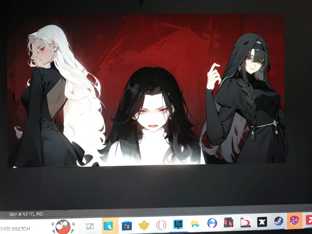 Make an anime poster, has 4 women in it, on the left side a classy dressed beauty with only the colors red and white, has an angelic presence but a demonic personality, she wears a hat on her head and a long mature gown. On the middle, a millitary general with black and white hair, and a blindfold covering her eyes. Behind her in the back, a woman faded in the background, only her eyes red Phoenix can be seen. Finally at the very right side a nun with a blindfold and a church nun fantasy black dress, holding her hands together symbolizing a prayer gesture.