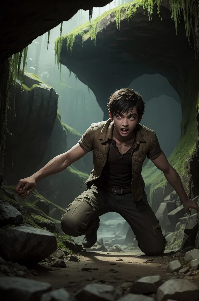 A boy in a cave full of zombies and monsters 3d cartoon style