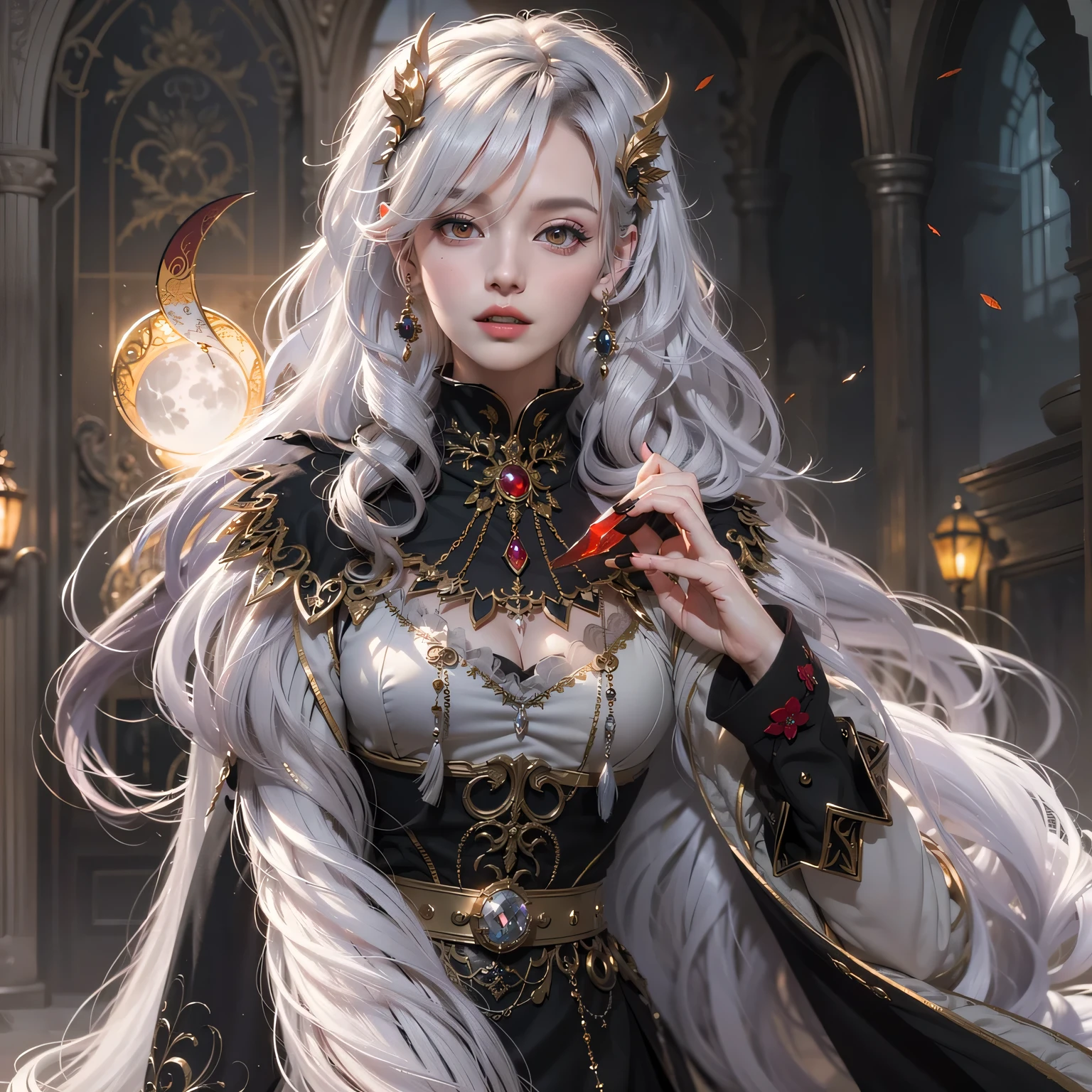 score_9, score_8_up, score_8, (Nagasawa Rosetsu style), (Yi yaegwan style), Digital painting style visual effects, solo, 1woman, black hair, volumous hair, long hair, blue eyes, (detailed eyes:1), (perfect eyes:0.8), pointy ears curved at the end, alluring body, (horns: small white horns), (breasts: medium perky breasts), BREAK earrings, jewelry, noble clothes, white corset, underbust, long sleeves, white gloves, BREAK (medieval: streets, (carriage: getting into the carriage)), BREAK looking at side BREAK full body image