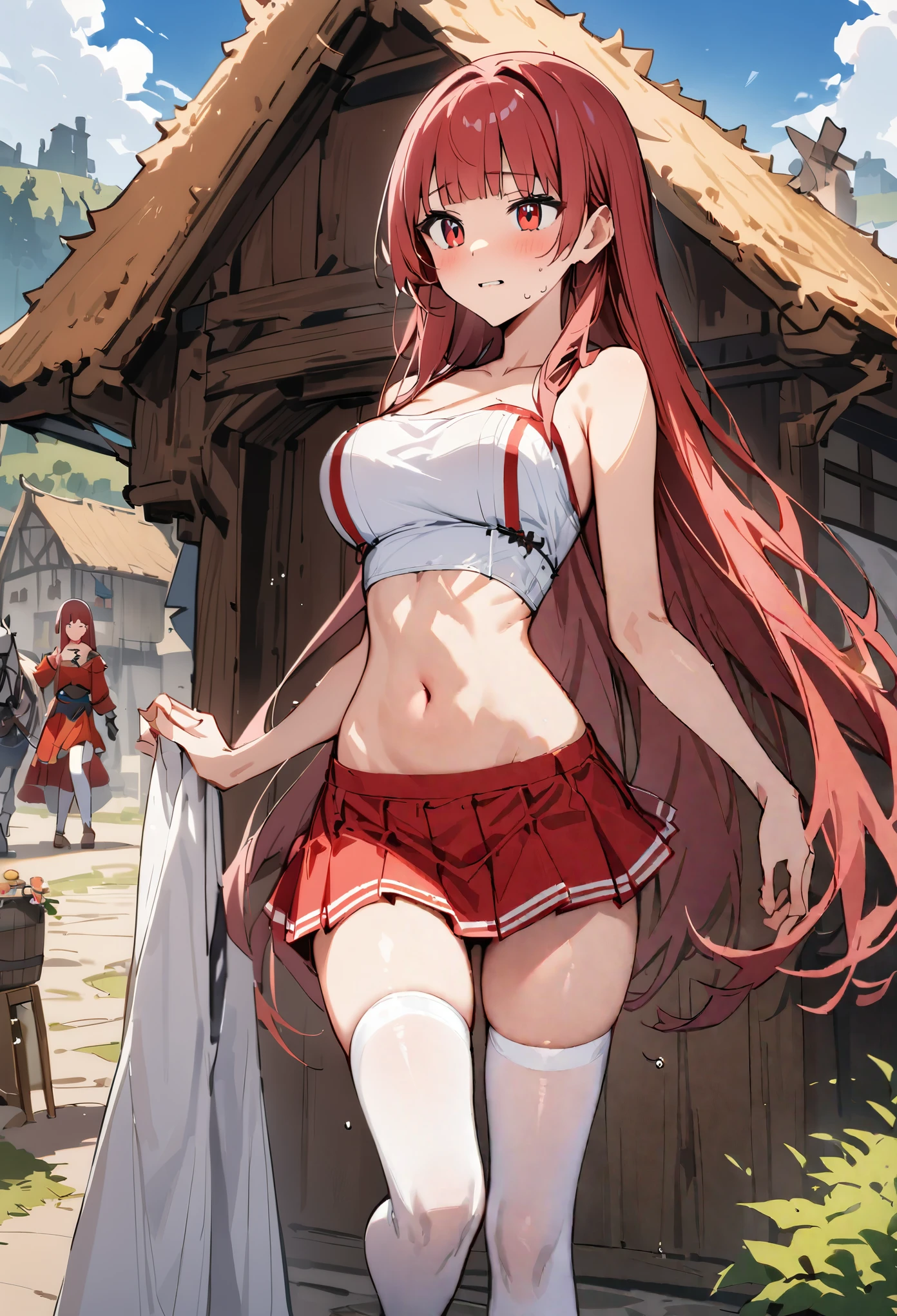 ((masterpiece,Highest quality:1.3)),30 year old beauty,独奏,((very small head:1.3)),red hair,long hair,blunt bangs,red eyes,gorgeous eyes,shy,medium breasts,((very long body:1.2)),((toned body,slender body,)),skinny,gleaming skin,shiny skin,sweat,(White Henley shirt、Long sleeve、navel、Red itting,spread legs,rural area、sunny、Medieval Europe、