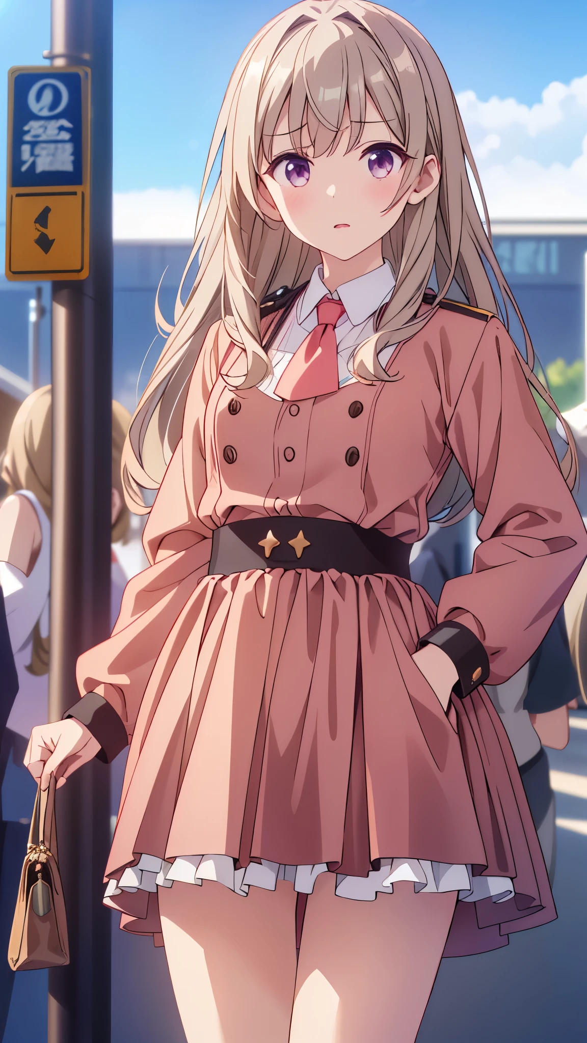 A woman in uniform is standing on the street,Very detailed CG Unity 8k 壁紙, Highest quality, Very detailed, masterpiece, Realistic, photo Realistic, Very detailedかわいい女の子, 14 years old, (((スカートをLift it yourself))), (Lift it yourself), panties , panties focus, blush, Part your lips, Looking at the audience , Half Body Shot , (crowd), (crowded parking lot) , 