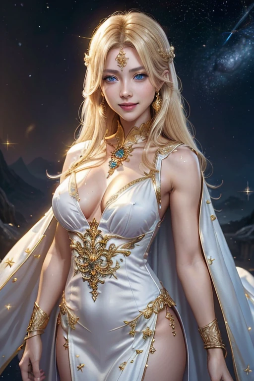 (masterpiece、Highest quality、High resolution、Best lighting、8K)、((One beautiful goddess、Standing posture、(whole body)、Arms move freely))、(Gold and jewel decoration、Gold Bracelet、eye、nose、face、Blue Eyes、Elegant and beautiful)、(smile、Bright atmosphere、カメラeye線)、((Blonde medium long、Reflected by light、Golden Cape、 White long dress、Beautiful chest、Sleeveless)).    The background is a myriad of stars and nebulae、The temple pillars are faintly visible