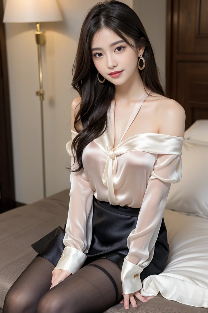 Ulchan-6500-v1.1, (Raw photo:1.2), (Photoreal), (See-through:1.3), (genuine:1.4), a girl、25 years old、 smile of shame、black semi-long hair、curly hair、pretty girl、(Elegant silk blouse:1.3), (super realistic pantyhose:1.2), (mini skirt:1.2), sitting in the bed、realistic skin texture、shiny skin、big earrings、thin lips，offshoulder，big breasts