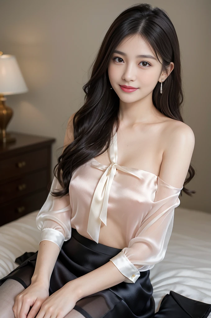 Ulchan-6500-v1.1, (Raw photo:1.2), (Photoreal), (See-through:1.3), (genuine:1.4), a girl、25 years old、 smile of shame、black semi-long hair、curly hair、pretty girl、(Elegant silk blouse:1.3), (super realistic pantyhose:1.2), (mini skirt:1.2), sitting in the bed、realistic skin texture、shiny skin、big earrings、thin lips，offshoulder，big breasts
