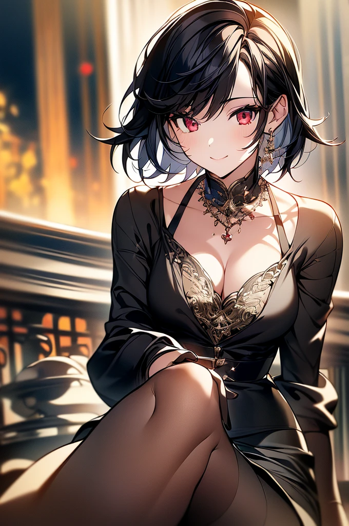 (masterpiece, highest quality, highest quality, (No text), Beautiful and aesthetic:1.2),No text,アニメ、 high resolution　BREAK,One Girl，Short black hair　Beautiful eyes　Red eyes　Beautiful girl　cool　smile　Black Coat　mini skirt　profile　Night view　Detailed eyes and face