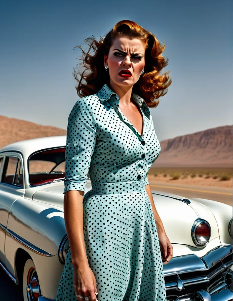 1950s style, angry woman in a polka dot dress, leaving her broke down and steam comes out of her Hudson Hornet classic car, walking towards camera, fists clenched, empty highway in the desert, perfect face, ultra sharp focus, high quality, ultra high resolution, cinematic, masterpiece, Annie Leibovitz Photography Style