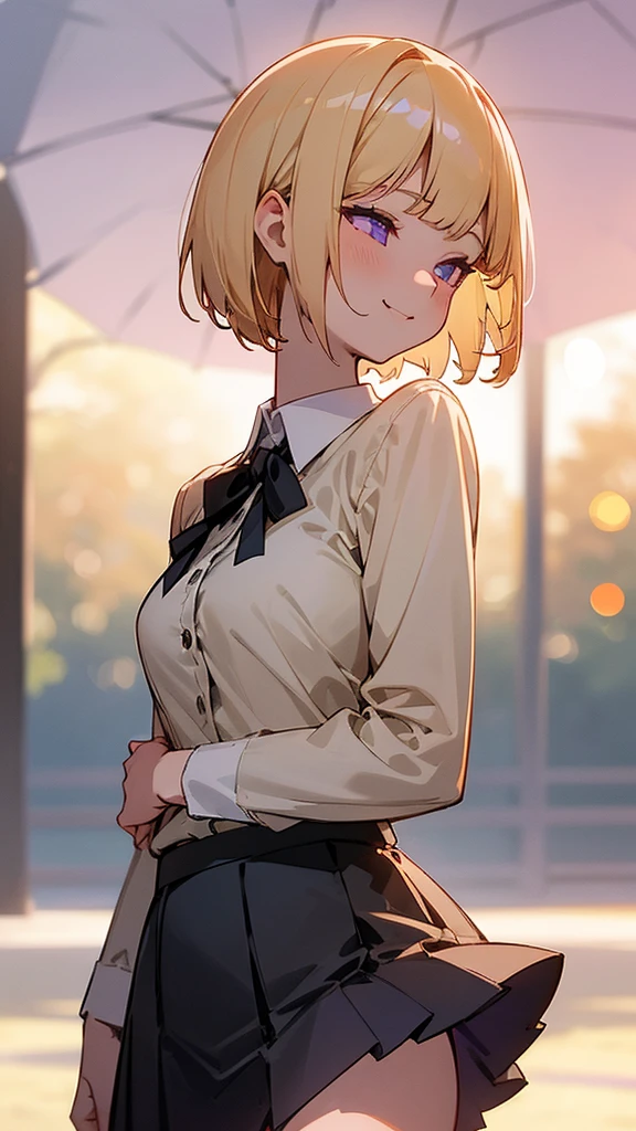 1 Girl、8K、Sharp focus、(Bokeh) (Highest quality) (Detailed skin:1.3) (Intricate details) (anime)、(blonde)、short hair、Bobcut、Blunt bangs、Beautiful purple eyes、Slender body、White shirt、Black mini skirt、Black Fitted Blazer、profile、Calm face、Mouth closed、Cheeky Smile、Squint your eyes、Park in the background、sunset、Soft lighting.
