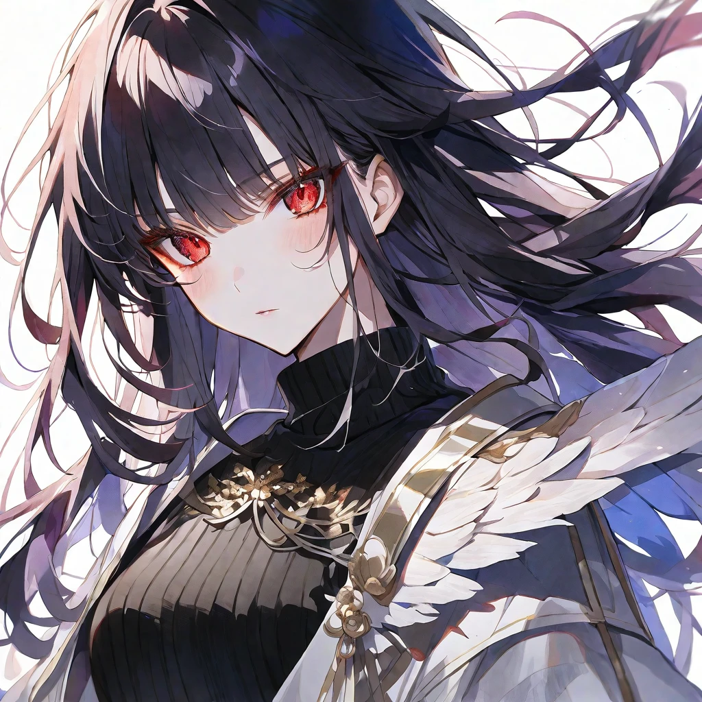 solo,handsome,Watercolor,
1. Female,
bangs,Straight Hair,long Hair,
black hair, Gojo Satoru,angel wing,
red Eyes,
Black knit,オフショル ,
skin,Silver Accessories,
White background,