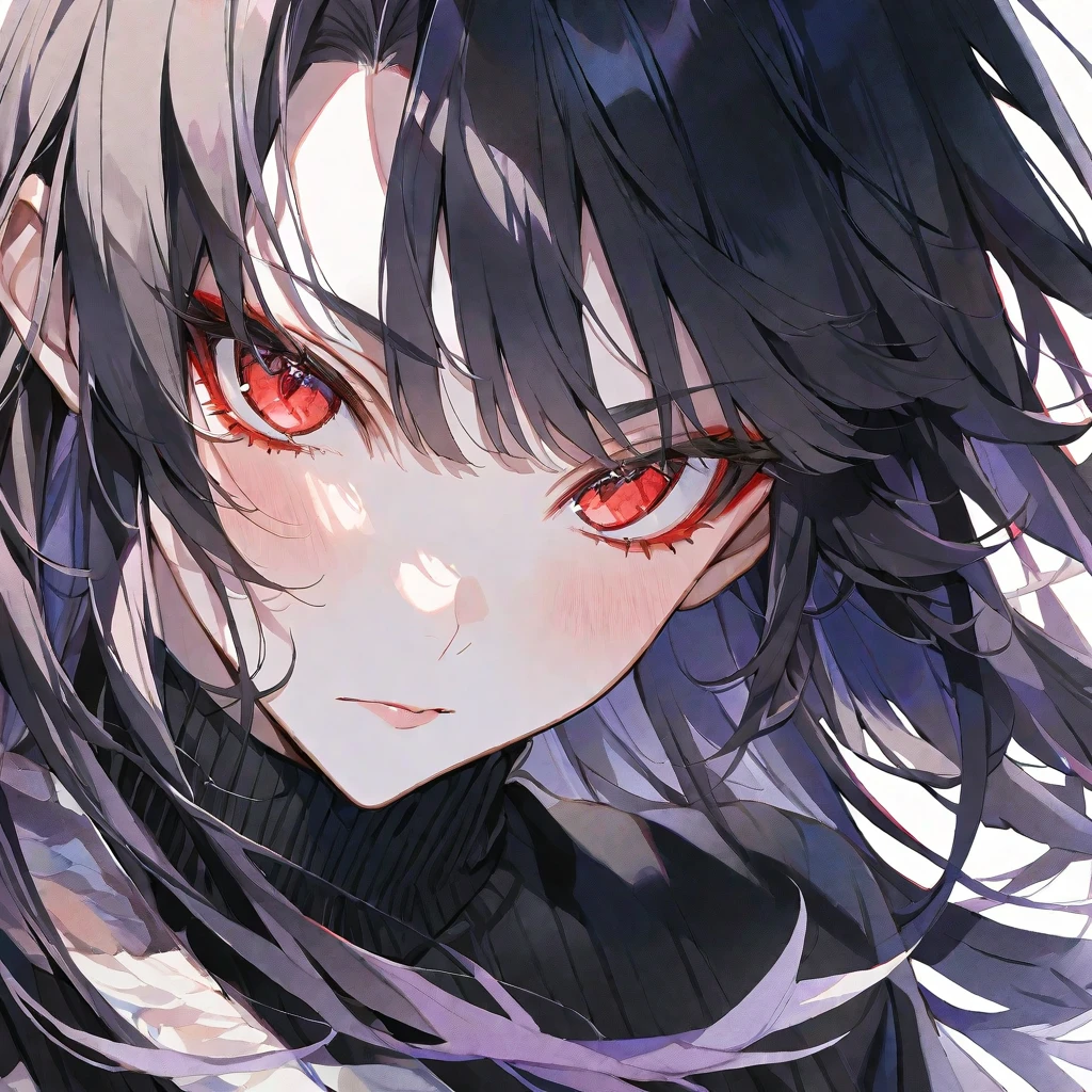 solo,handsome,Watercolor,
1. Female,
bangs,Straight Hair,long Hair,
black hair, Gojo Satoru,angel wing,
red Eyes,
Black knit,オフショル ,
skin,Silver Accessories,
White background,