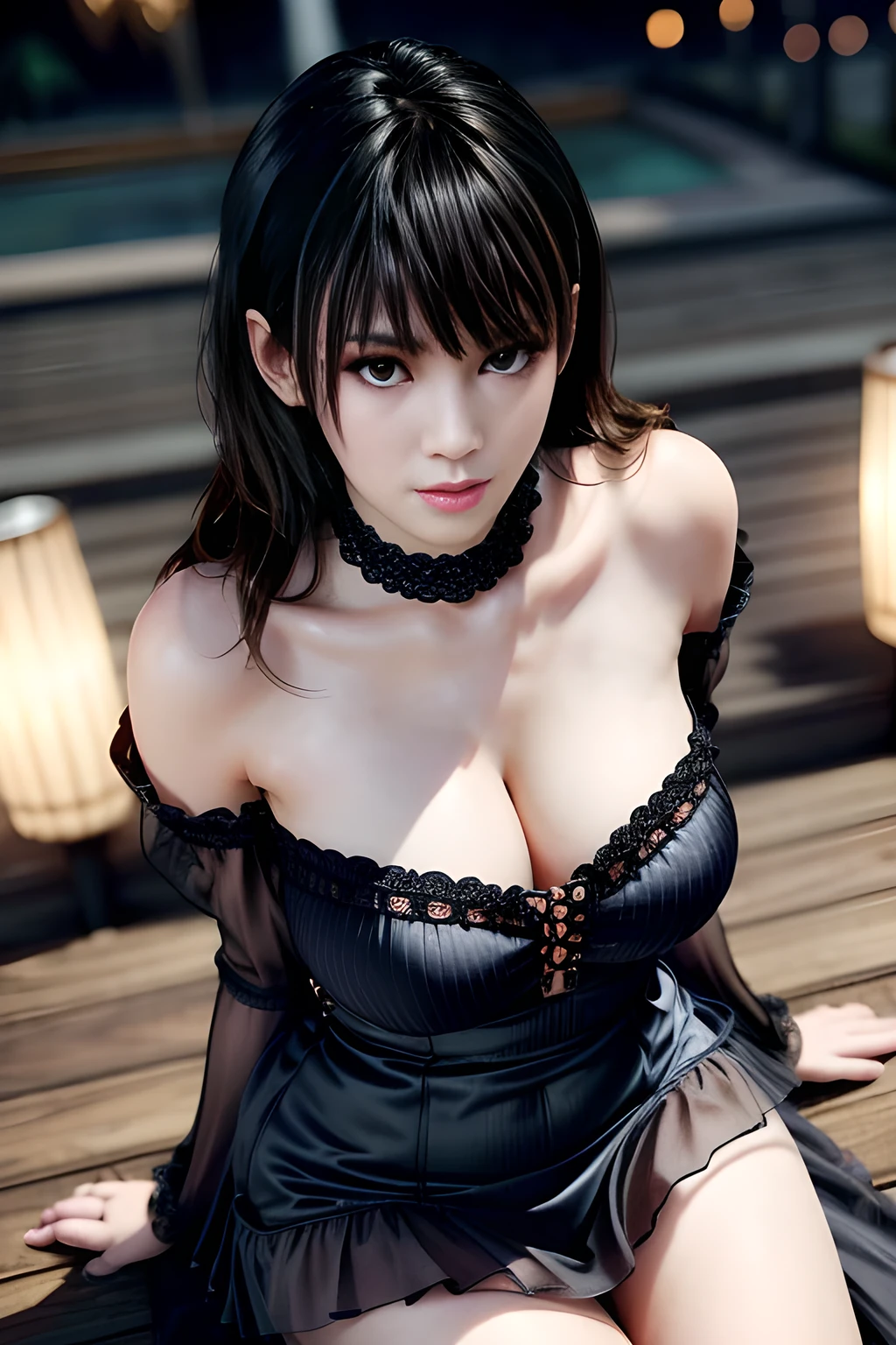1girl,long sleeves, black dress, off shoulder, bare shoulders, long dress, see-through, tulle dress, , huge breasts, lactation, starry background, elegance, magical atmosphere, (soft lighting:1.5), serene, graceful, beautiful detailed eyes, beautiful detailed lips, extremely detailed face, long eyelashes, (best quality, 4k, 8k, highres, masterpiece:1.2), ultra-detailed, (realistic, photorealistic, photo-realistic:1.37), vibrant colors, focus on thighs and above,Nanami