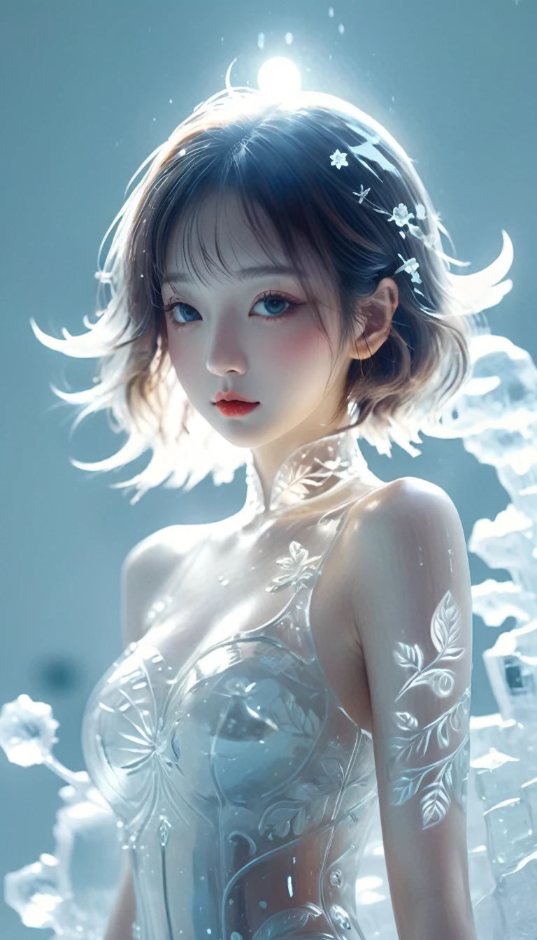 wallpaper，32k，Real shot，Ice Sculpture,A girl made of 冰,Solitary,transparent,slim,In winter,Set,
Minimalism, Clear lines,(Double contact:1.5),Exquisite ornaments,Kuinji,(Upper thigh shot:1.3),full-body shot,Low angle shot,(Tattoo:1.3),Tyndall effect,Soft Focus,4K,Acid Graphics,plant，1girl,Fantasy Art,Fantastic background，[Detailed and vivid face:0.33],[Outerwear dress:0.15],[Hips:0.4],masterpiece,(trash-polka Tattoos:1.4),(Translucent luminous body:1.3),Simple design,Silhouette of a beautiful woman and a glowing,Shadow World,精妙绝伦的艺术masterpiece,((White background 1.5)),
