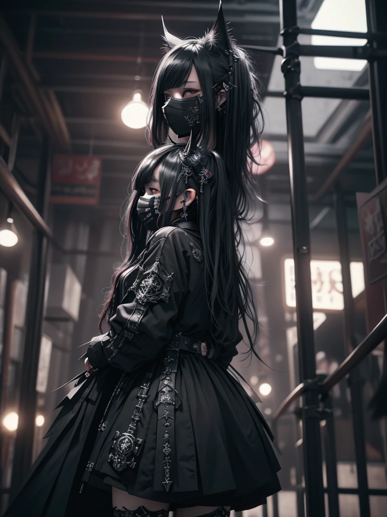Highest quality、8K、masterpiece：1.3、Gothic Punk、The inside color is red、Black-haired、hair ornaments、Beautiful girl、creative、Dark Fantasy Style、Neogoth、Goth Fashion：1.2、High resolution、masterpiece、Highest quality、頭w:1.3、((Hasselblad Photos))、Fine skin、Sharp focus、(Cinematic lighting)、Realistic textured hair、((Black Mask)),Esbian all over、((View from below))