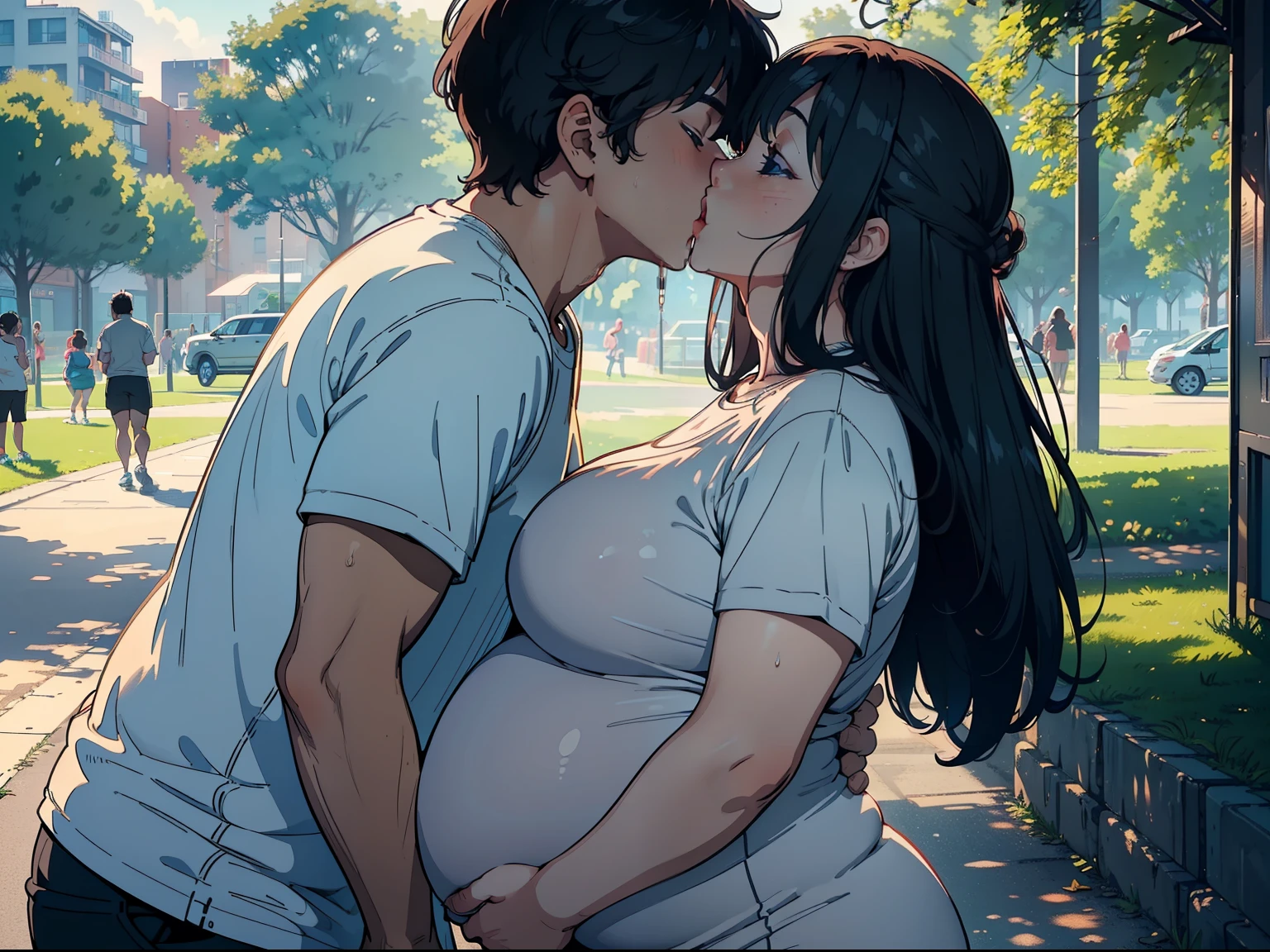 masterpiece, best quality, unity 8k wallpaper, illustration, very detailed, ((excitement, 1 Chubby 10 months pregnant middle aged mom , 1 son, first sound)),, sweat, Warmth, stiff, big bust ((at the park ))((kiss하다)))(((excitement, kiss)))
