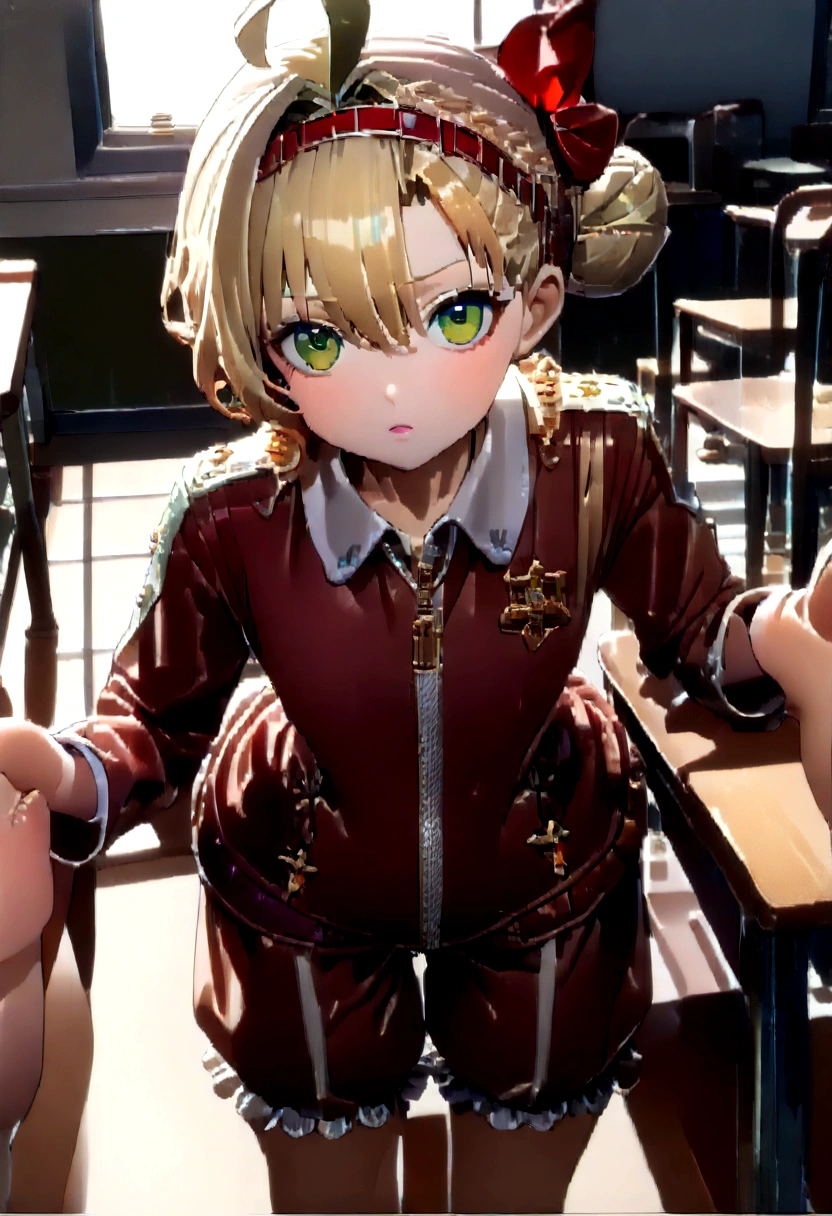 One girl,fgoblack, black, Ahoge, Blonde, (Green Eyes:1.5), Hair between the eyes, Hair Intake,
break braid, Bloomers, French Braid, Gym Shirt, Gym suit, Hair Bun, head band, Official Alternative Costumes, red Bloomers, red head band, single Hair Bun,
break looking at viewer, Are standing, Leaning forward, Put your arms behind your back,
break indoors, classroom,
break (masterpiece:1.2), Highest quality, High resolution, unity 8k wallpaper, (figure:0.8), (Beautiful attention to detail:1.6), Highly detailed face, Perfect lighting, Highly detailed CG, (Perfect hands, Perfect Anatomy),