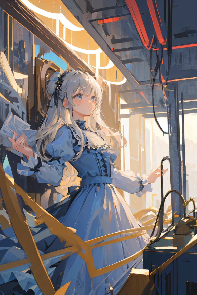 ((best quality)), ((masterpiece)), (detailed), 1 Girl, (Gray long hair), cute,Classic style long skirt,Baroque blue dress,Stacked dress with ruffle trims,